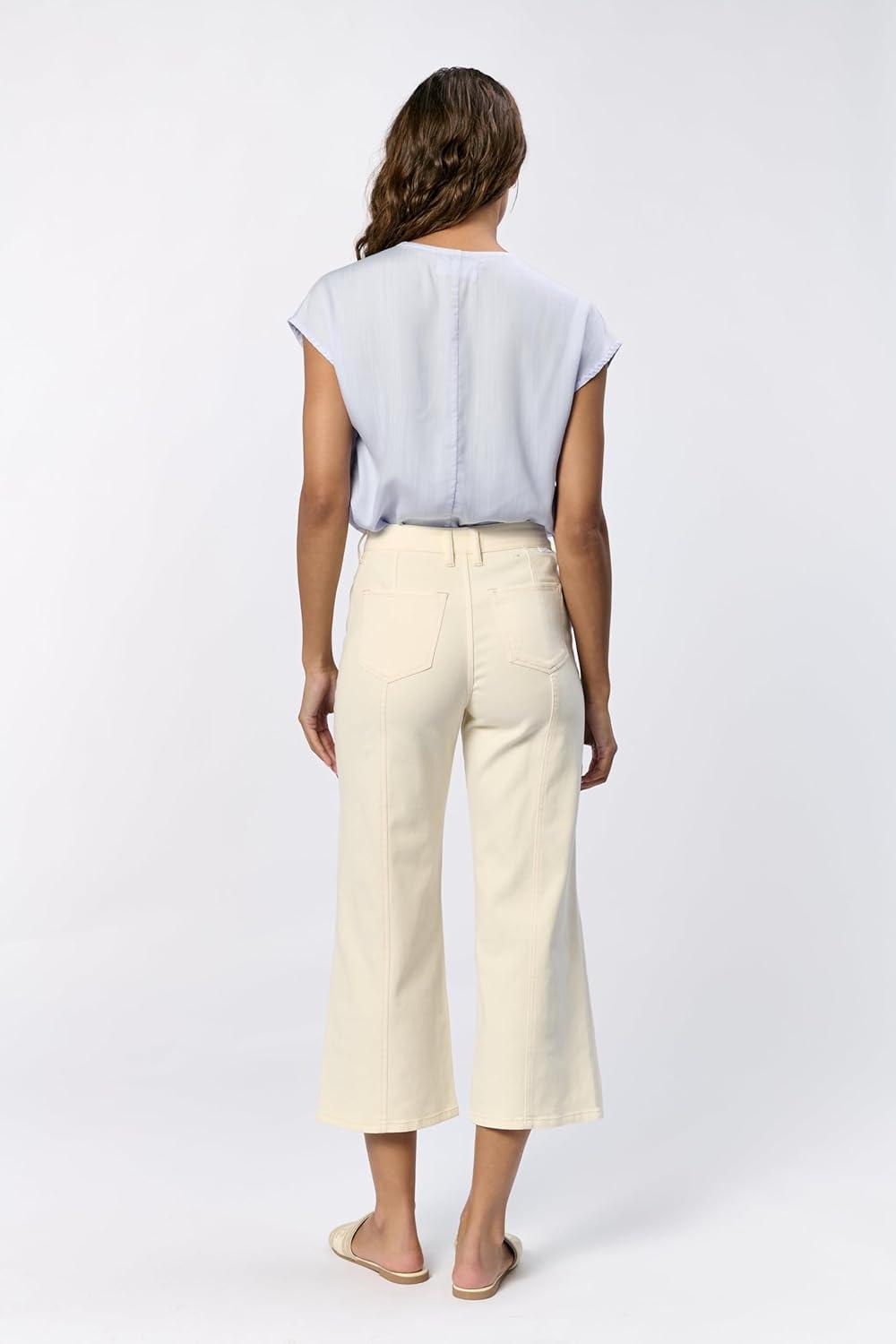 imageDEAR JOHN Audrey Wide Leg Jeans Womens High Rise Cropped Color Denim Comfort Stretch Clean Hem Utility Inspired Tailored FitWheat