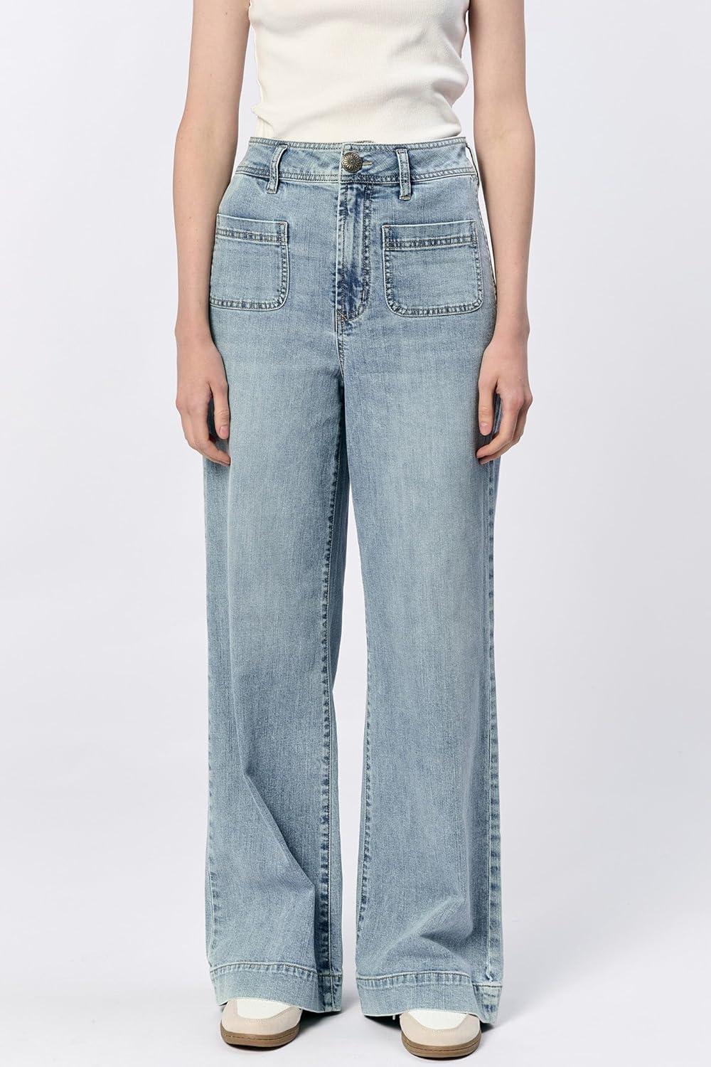 imageDEAR JOHN Audrey Wide Leg Jeans Womens High Rise Cropped Color Denim Comfort Stretch Clean Hem Utility Inspired Tailored FitZurie