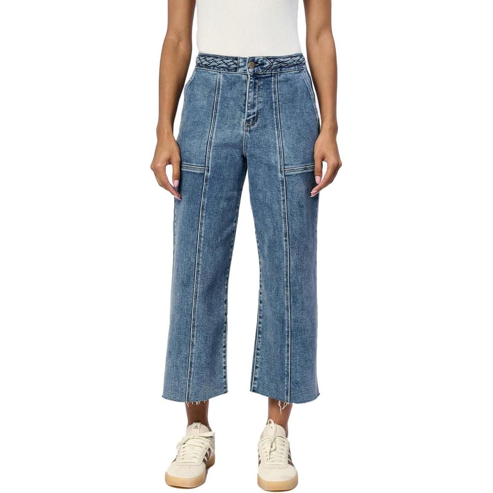 imageDEAR JOHN Audrey Wide Leg Jeans Womens High Rise Cropped Color Denim Comfort Stretch Clean Hem Utility Inspired Tailored FitMaryland