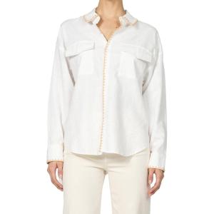 imageDEAR JOHN Adrianna Satin Stripe Shirt Womens Oversized Button Down Long Sleeve Relaxed Fit BlouseWhite Blanketstitch