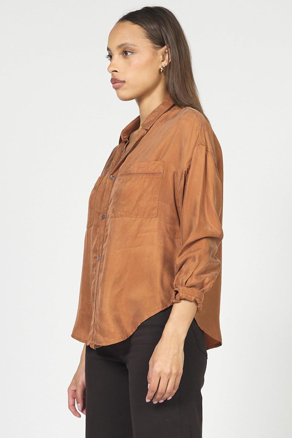 imageDEAR JOHN Adrianna Satin Stripe Shirt Womens Oversized Button Down Long Sleeve Relaxed Fit BlousePumpkin Spice