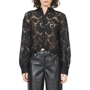 image:imageDEAR JOHN Suzette Lace Shirt Womens Scalloped Button Down Cropped Long Sleeve Relaxed Fit BlouseBlack