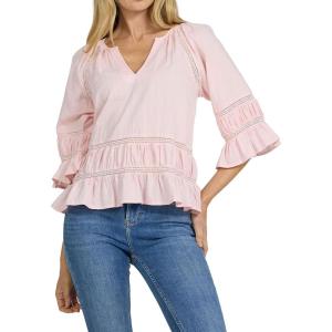 image:imageDEAR JOHN Sybil Top Womens Cotton Split Neck Three Quarter Sleeve with Lace DetailPale Lilac