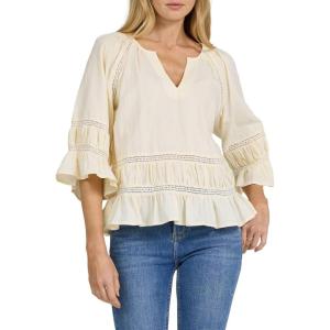 image:imageDEAR JOHN Sybil Top Womens Cotton Split Neck Three Quarter Sleeve with Lace DetailPale Yellow