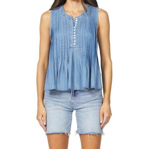 image:imageDEAR JOHN Myron Womens Top Crew Neck Sleeveless Button Front Relaxed Fit PleatedCarolina Blue