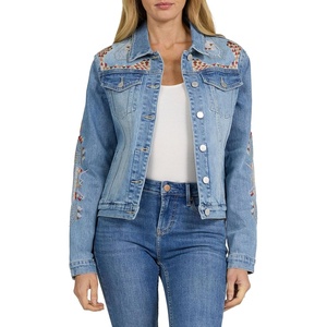 image:imageDEAR JOHN Ainsley Denim Jacket Womens Relaxed Fit Stretch Denim Lace Embroidered Button Front Collared JacketSanta Fe