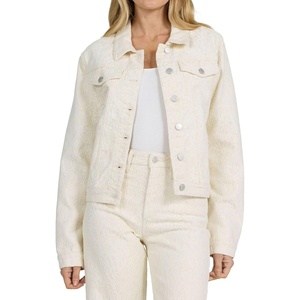 image:imageDEAR JOHN Ainsley Denim Jacket Womens Relaxed Fit Stretch Denim Lace Embroidered Button Front Collared JacketWheat Lace