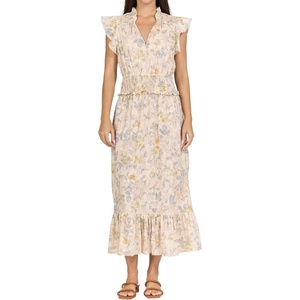image:imageDEAR JOHN Ishani Womens Midi Dress Relaxed Fit Ruffle VNeck Flutter Sleeve Smocked Waist Tiered SkirtTuscan Bouquet