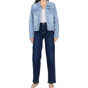 image:imageDEAR JOHN Ainsley Denim Jacket For Women Crew Neck Button Front Long Sleeve Stretch DenimCrystal Chalk Emb