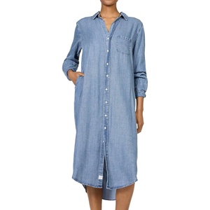 image:imageDEAR JOHN Galina Shirt Dress Womens Relaxed Fit Lyocell Button Front Long Sleeve Collared Midi Dress  Imperial Blue Stripe  XSmall
