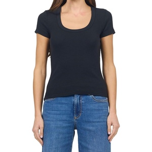 image:imageDEAR JOHN Journee Scoop Neck Top for Women Short Sleeve Striped Rib Knit FittedBlack