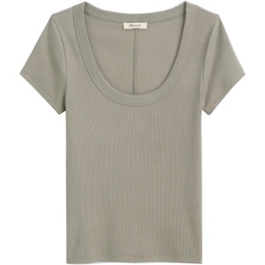 image:imageDEAR JOHN Journee Scoop Neck Top for Women Short Sleeve Striped Rib Knit FittedVetiver