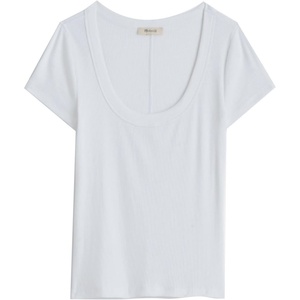 image:imageDEAR JOHN Journee Scoop Neck Top for Women Short Sleeve Striped Rib Knit FittedWhite