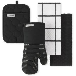 imageKITCHENAID Quilted Cotton Terry Cloth Oven Mitt Pot Holder Kitchen Towel 4Pack Set Heat Resistant Silicone Grip Gift Set Pistachio 16quotx26quot 7quotx13quot ampamp 7quotx10quotOnyx Black