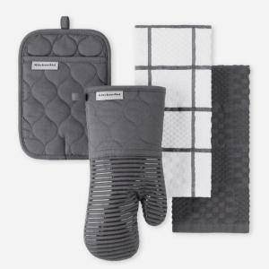 imageKITCHENAID Quilted Cotton Terry Cloth Oven Mitt Pot Holder Kitchen Towel 4Pack Set Heat Resistant Silicone Grip Gift Set Pistachio 16quotx26quot 7quotx13quot ampamp 7quotx10quotCharcoal Grey