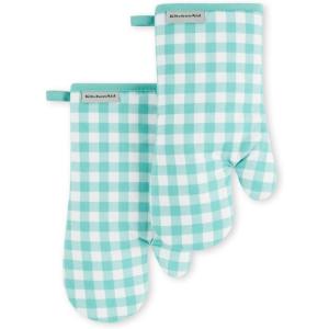 imageKitchenAid Gingham Oven Mitt 2Pack Set Milkshake 7quotx13quotAqua Sky