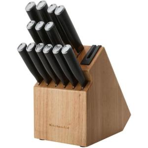 imageKitchenAid Classic Slim Knife Block Set with BuiltIn Knife Sharpener High Carbon Stainless Steel Kitchen Knives Sharp Kitchen Knife Set with Block Black 14 PieceNatural
