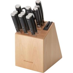 imageKitchenAid Gourmet 14 Piece Forged Triple Rivet Knife Block Set with Built in Knife Sharpener High Carbon Japanese Stainless Steel Kitchen Knives Sharp Kitchen Knife Set with Block Birchwood