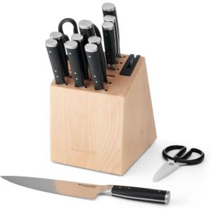 imageKitchenAid Gourmet 15 Piece Forged Triple Rivet Knife Block Set with Built in Knife Sharpener High Carbon Japanese Stainless Steel Kitchen Knives Sharp Kitchen Knife Set with Block Birchwood