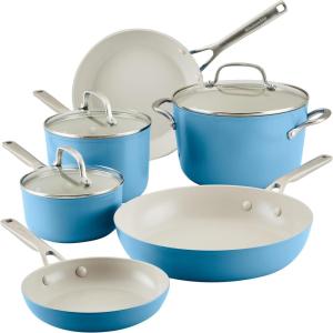 imageKitchenAid Hard Anodized Ceramic 9Piece Nonstick Cookware Set  Includes Fry Pans Saucepan Stockpot Durable Even Heating Oven Safe to 500F PistachioBlue Velvet