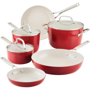 imageKitchenAid Hard Anodized Ceramic 9Piece Nonstick Cookware Set  Includes Fry Pans Saucepan Stockpot Durable Even Heating Oven Safe to 500F PistachioEmpire Red