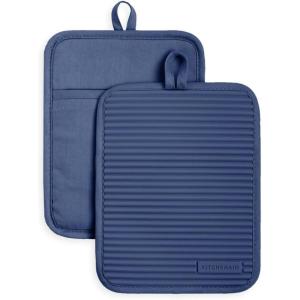 imageKitchenAid Ribbed Soft Silicone Pot Holder Set Ocean Drive 7quotx9quotBlue Willow