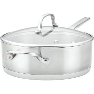 imageKitchenAid 3Ply Base Brushed Stainless Steel Deep Saute Pan with Helper Handle and Lid 45 QuartBrushed Stainless Steel