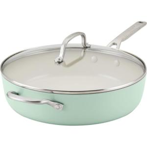 imageKitchenAid Hard Anodized Ceramic 5Quart Nonstick Saut Pan with ShatterResistant Lid ampamp Riveted Handle  Durable Even Heating Easy Clean Oven Safe to 500F Matte BlackPistachio