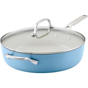 imageKitchenAid Hard Anodized Ceramic 5Quart Nonstick Saut Pan with ShatterResistant Lid ampamp Riveted Handle  Durable Even Heating Easy Clean Oven Safe to 500F Matte BlackBlue Velvet