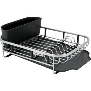 imageKitchenAid Compact Space Saving Aluminum Rust Resistant Dish Rack with Angled Self Draining Drainboard and Removable Flatware Caddy 17Inch CharcoalBlack