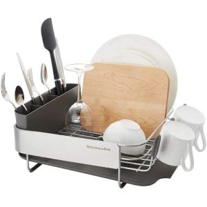 imageKitchenAid Compact Space Saving Rust Resistant Dish Rack with Angled Self Draining Drain Board and Removable Flatware Caddy 1606Inch GrayGray