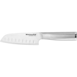 imageKitchenAid Gourmet Forged Steak Knife Set HighCarbon Japanese Stainless Steel 4 Piece Brushed5Inch Santoku Knife