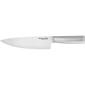 imageKitchenAid Gourmet Forged Stainless Steel Chef Knife with CustomFit Blade Cover Sharp Kitchen Knife HighCarbon Japanese Stainless Steel Blade 8 Inch Brushed Stainless Steel HandleBrushed Stainless Steel Handle