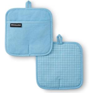 imageKITCHENAID Gourmet Series Gridlines Pot Holders 2Pack Set Heat Resistant up to 600F Soft Silicone Grip Magnetic Cuff Passion Red 8quotx8quotBlue Velvet