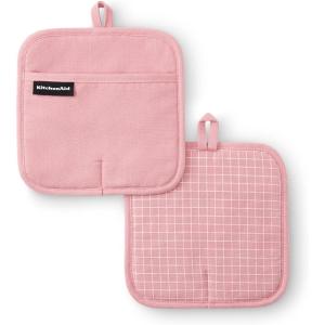 imageKITCHENAID Gourmet Series Gridlines Pot Holders 2Pack Set Heat Resistant up to 600F Soft Silicone Grip Magnetic Cuff Passion Red 8quotx8quotDried Rose