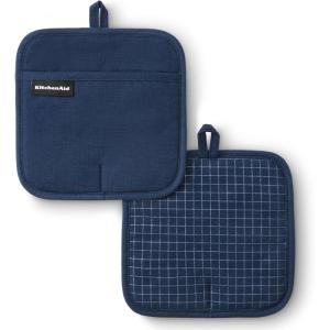 imageKITCHENAID Gourmet Series Gridlines Pot Holders 2Pack Set Heat Resistant up to 600F Soft Silicone Grip Magnetic Cuff Passion Red 8quotx8quotInk Blue