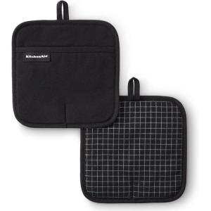 imageKITCHENAID Gourmet Series Gridlines Pot Holders 2Pack Set Heat Resistant up to 600F Soft Silicone Grip Magnetic Cuff Passion Red 8quotx8quotMatte Black