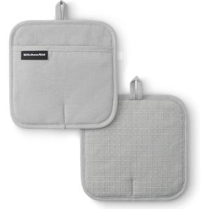 imageKITCHENAID Gourmet Series Gridlines Pot Holders 2Pack Set Heat Resistant up to 600F Soft Silicone Grip Magnetic Cuff Passion Red 8quotx8quotMatte Grey