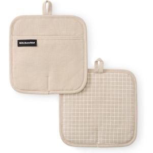 imageKITCHENAID Gourmet Series Gridlines Pot Holders 2Pack Set Heat Resistant up to 600F Soft Silicone Grip Magnetic Cuff Passion Red 8quotx8quotMilkshake Tan