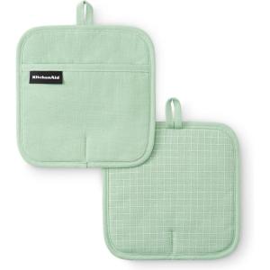 imageKITCHENAID Gourmet Series Gridlines Pot Holders 2Pack Set Heat Resistant up to 600F Soft Silicone Grip Magnetic Cuff Passion Red 8quotx8quotPistachio Green