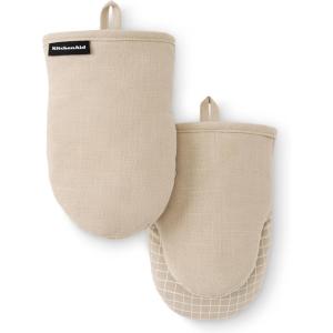 imageKITCHENAID Gourmet Series Gridlines Mini Oven Mitts 2Pack Set Heat Resistant up to 600F Soft Silicone Grip Magnetic Cuff Blue Velvet 55quotx9quotMilkshake Tan