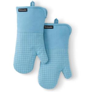 imageKITCHENAID Gourmet Series Gridlines Oven Mitts 2Pack Set Heat Resistant up to 600F Soft Silicone Grip Magnetic Cuff Matte Black 7quotx14quotBlue Velvet