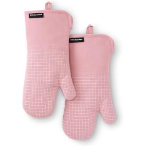 imageKITCHENAID Gourmet Series Gridlines Oven Mitts 2Pack Set Heat Resistant up to 600F Soft Silicone Grip Magnetic Cuff Matte Black 7quotx14quotDried Rose