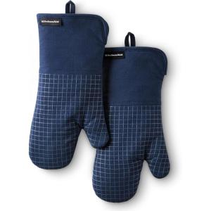 imageKITCHENAID Gourmet Series Gridlines Oven Mitts 2Pack Set Heat Resistant up to 600F Soft Silicone Grip Magnetic Cuff Matte Black 7quotx14quotInk Blue