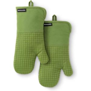 imageKITCHENAID Gourmet Series Gridlines Oven Mitts 2Pack Set Heat Resistant up to 600F Soft Silicone Grip Magnetic Cuff Matte Black 7quotx14quotMatcha Green