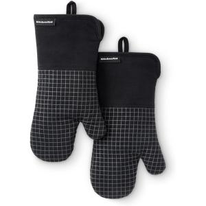 imageKITCHENAID Gourmet Series Gridlines Oven Mitts 2Pack Set Heat Resistant up to 600F Soft Silicone Grip Magnetic Cuff Matte Black 7quotx14quotMatte Black