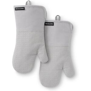 imageKITCHENAID Gourmet Series Gridlines Oven Mitts 2Pack Set Heat Resistant up to 600F Soft Silicone Grip Magnetic Cuff Matte Black 7quotx14quotMatte Grey