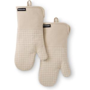 imageKITCHENAID Gourmet Series Gridlines Oven Mitts 2Pack Set Heat Resistant up to 600F Soft Silicone Grip Magnetic Cuff Matte Black 7quotx14quotMilkshake Tan