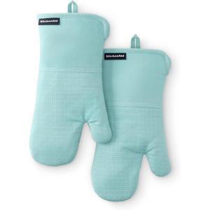 imageKITCHENAID Gourmet Series Gridlines Oven Mitts 2Pack Set Heat Resistant up to 600F Soft Silicone Grip Magnetic Cuff Matte Black 7quotx14quotMineral Water Aqua