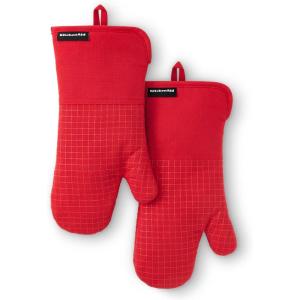 imageKITCHENAID Gourmet Series Gridlines Oven Mitts 2Pack Set Heat Resistant up to 600F Soft Silicone Grip Magnetic Cuff Matte Black 7quotx14quotPassion Red